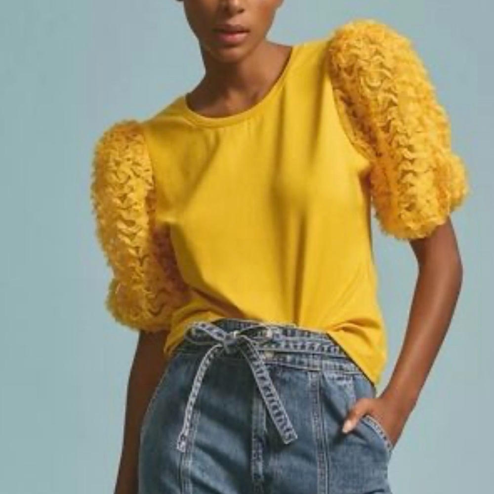 NWOT Anthropologie Yellow Ruffle Sleeve Blouse - Picture 2 of 9